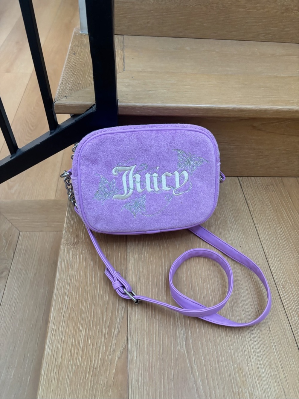 Juicy Couture Lilac Suede Crossbody Bag with Silver Logo Glitter